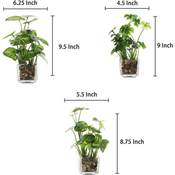 Set of 3 Artificial Plants, Faux Tabletop Greenery w/Clear Glass Pots - Picture 2 of 6